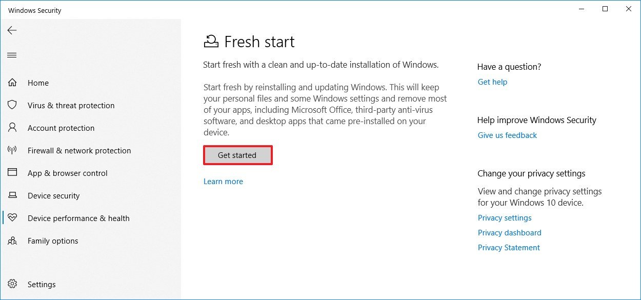 Windows 10 全新開始入門選項